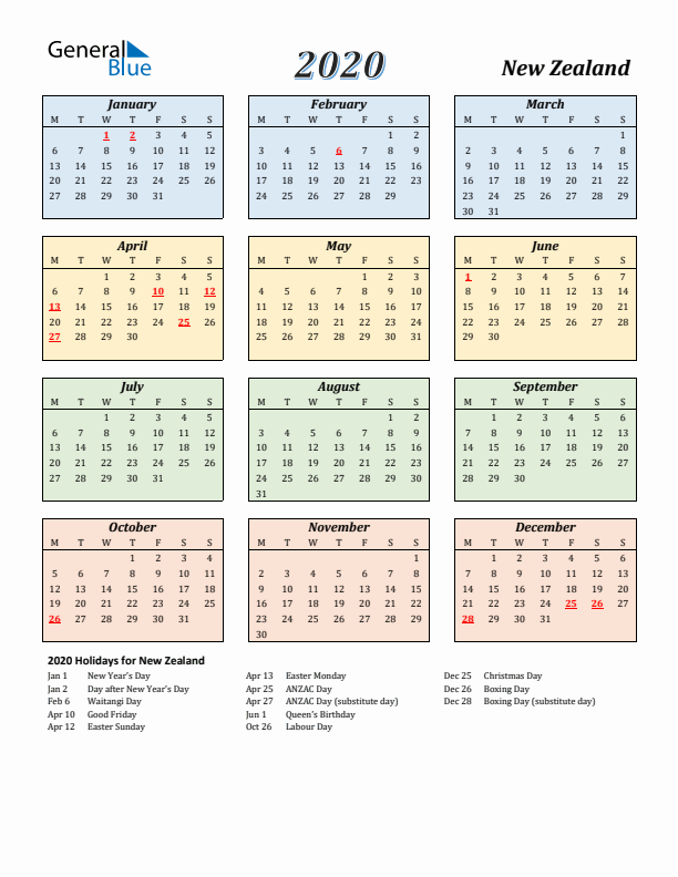 New Zealand Calendar 2020 with Monday Start