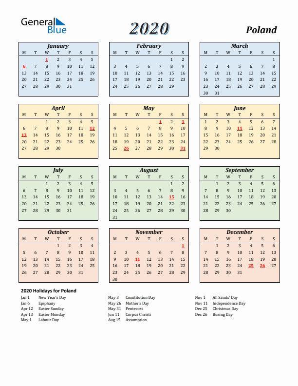 Poland Calendar 2020 with Monday Start