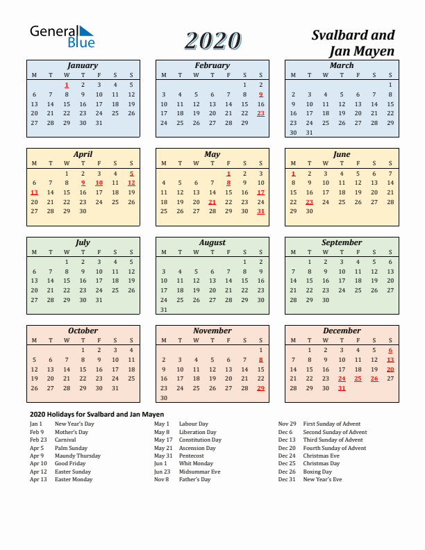 Svalbard and Jan Mayen Calendar 2020 with Monday Start