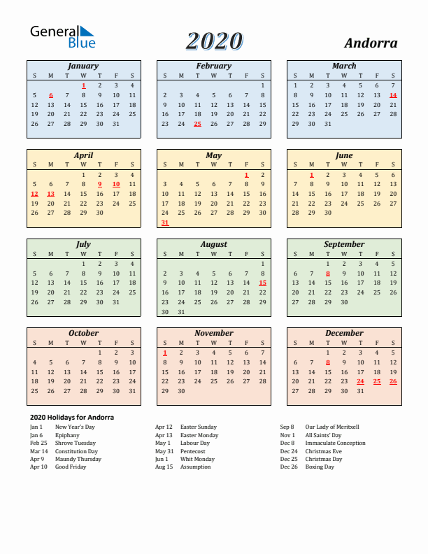 Andorra Calendar 2020 with Sunday Start