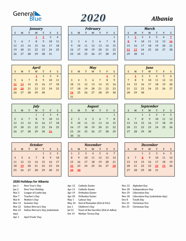 Albania Calendar 2020 with Sunday Start