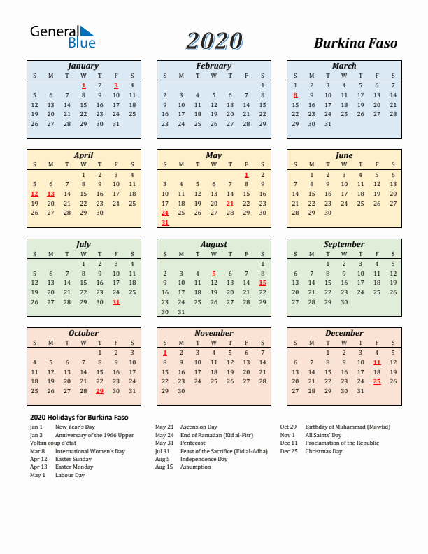 Burkina Faso Calendar 2020 with Sunday Start