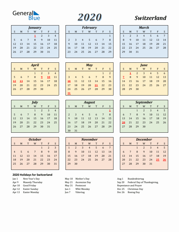 Switzerland Calendar 2020 with Sunday Start