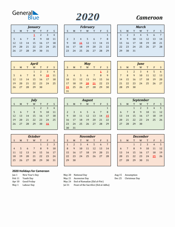 Cameroon Calendar 2020 with Sunday Start