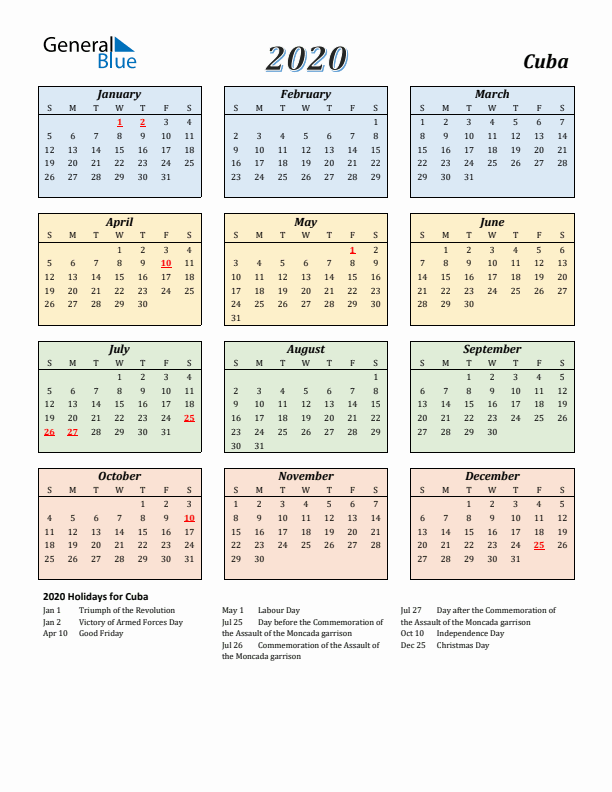 Cuba Calendar 2020 with Sunday Start