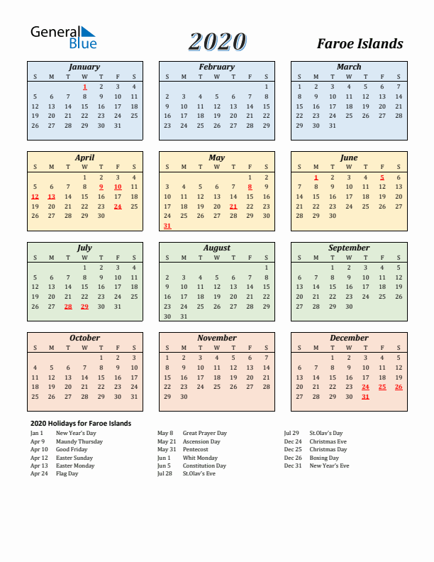 Faroe Islands Calendar 2020 with Sunday Start