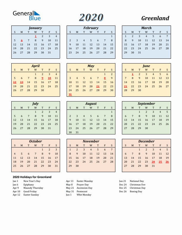 Greenland Calendar 2020 with Sunday Start