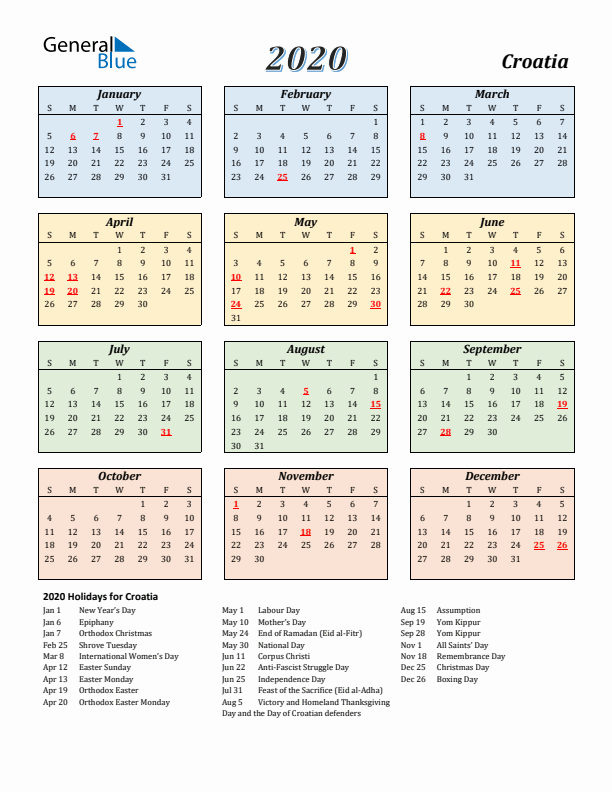 Croatia Calendar 2020 with Sunday Start