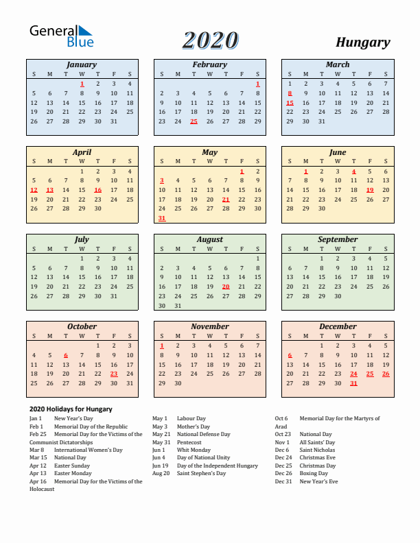 Hungary Calendar 2020 with Sunday Start