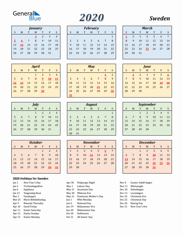 Sweden Calendar 2020 with Sunday Start