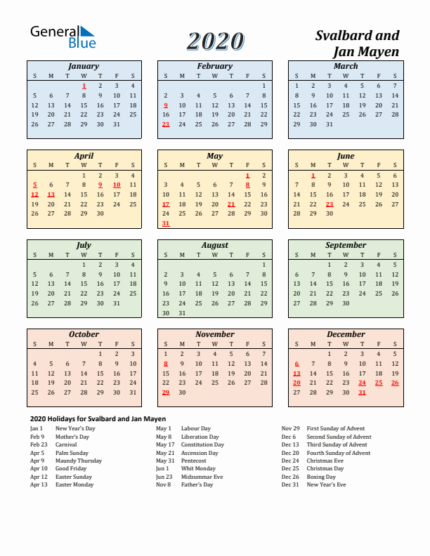 Svalbard and Jan Mayen Calendar 2020 with Sunday Start