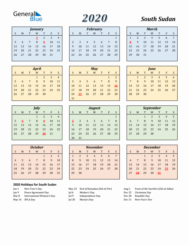 South Sudan Calendar 2020 with Sunday Start