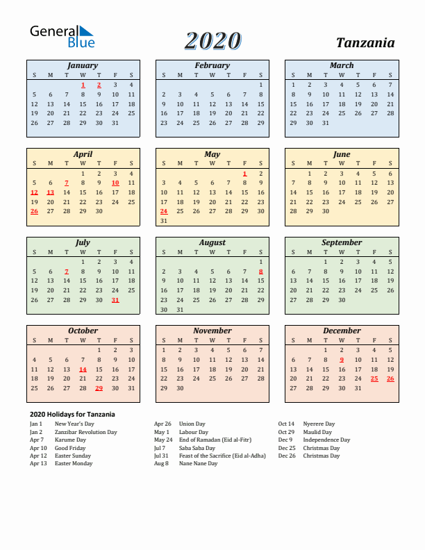 Tanzania Calendar 2020 with Sunday Start