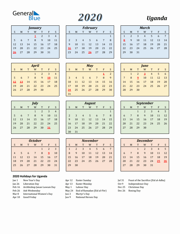 Uganda Calendar 2020 with Sunday Start