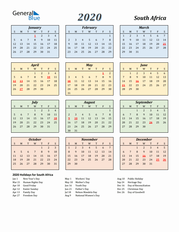 South Africa Calendar 2020 with Sunday Start