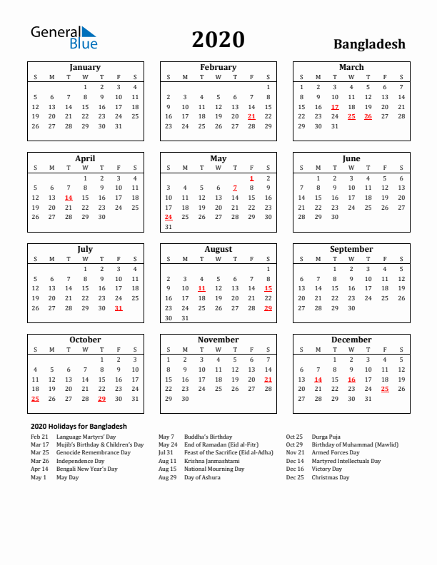 2020 Bangladesh Holiday Calendar - Sunday Start