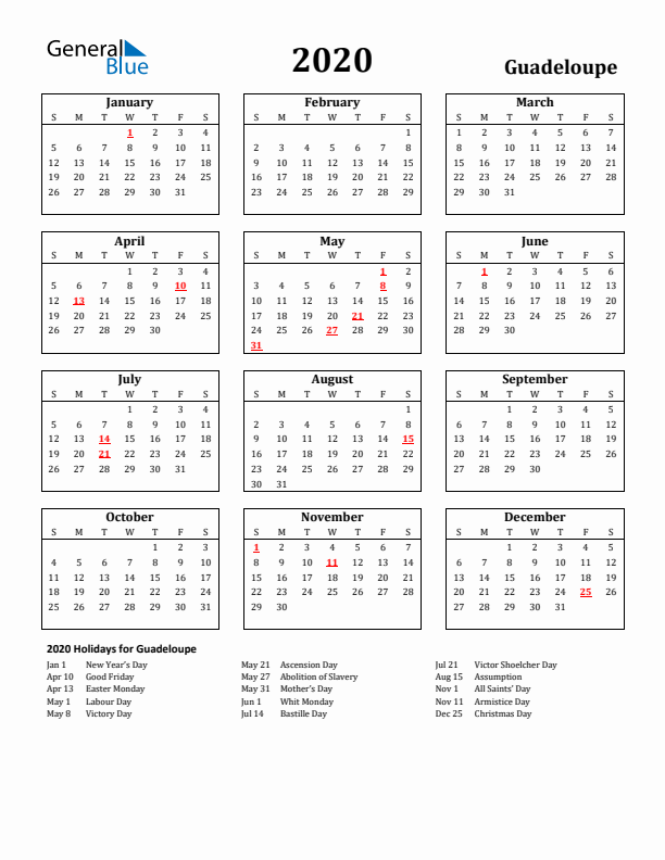 2020 Guadeloupe Holiday Calendar - Sunday Start