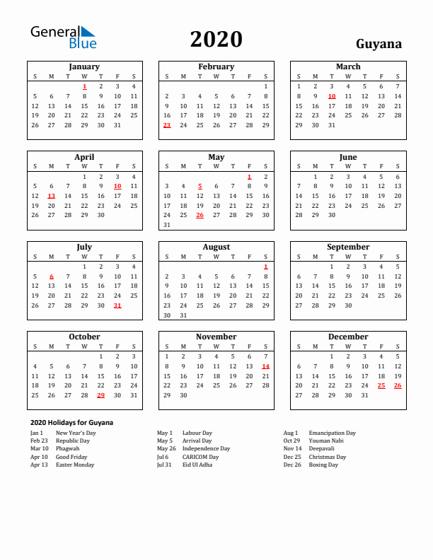 2020 Guyana Holiday Calendar - Sunday Start