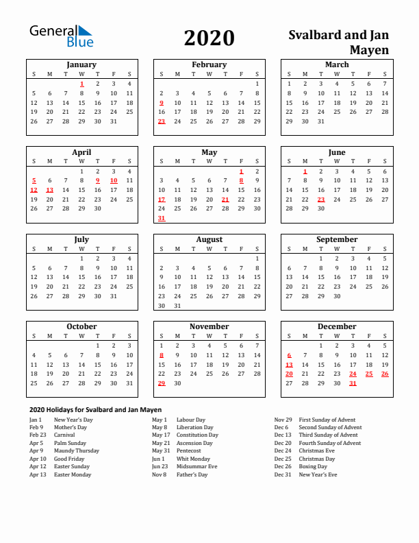 2020 Svalbard and Jan Mayen Holiday Calendar - Sunday Start