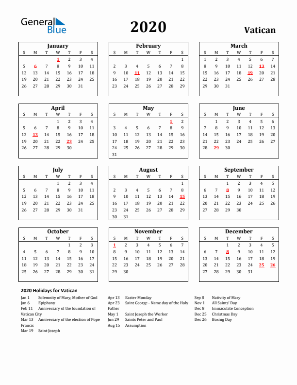 2020 Vatican Holiday Calendar - Sunday Start