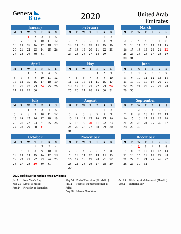 Printable Calendar 2020 with United Arab Emirates Holidays (Monday Start)