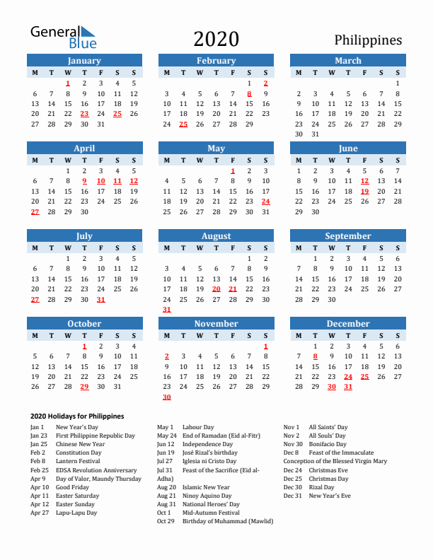 Printable Calendar 2020 with Philippines Holidays (Monday Start)