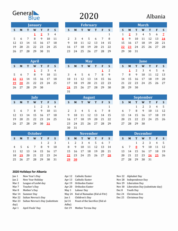 Printable Calendar 2020 with Albania Holidays (Sunday Start)