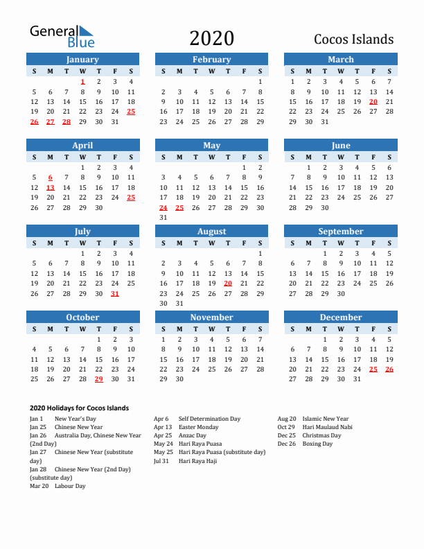 Printable Calendar 2020 with Cocos Islands Holidays (Sunday Start)