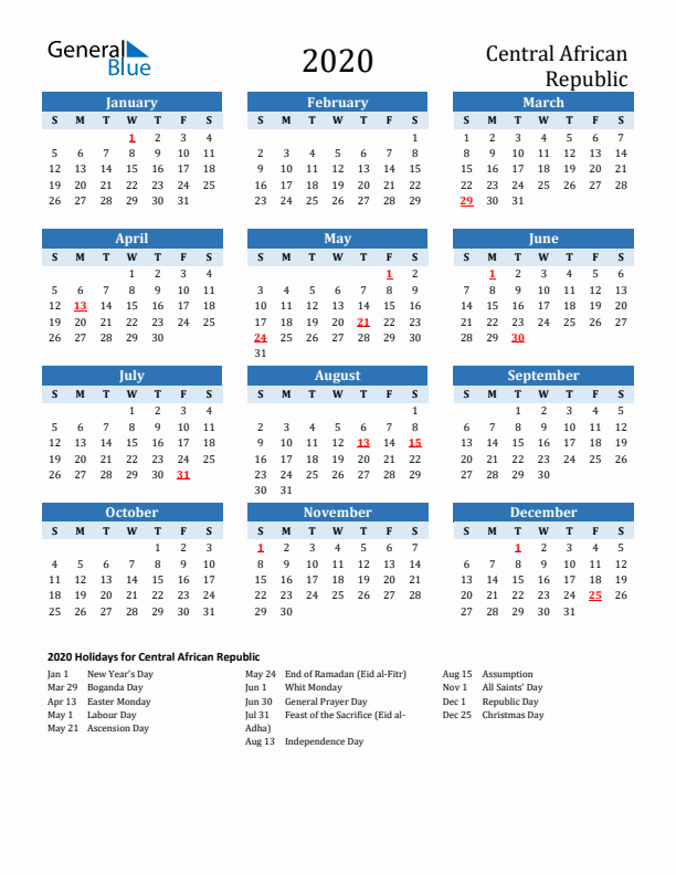 Printable Calendar 2020 with Central African Republic Holidays (Sunday Start)