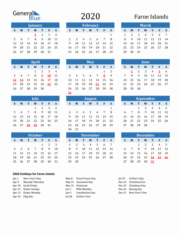 Printable Calendar 2020 with Faroe Islands Holidays (Sunday Start)