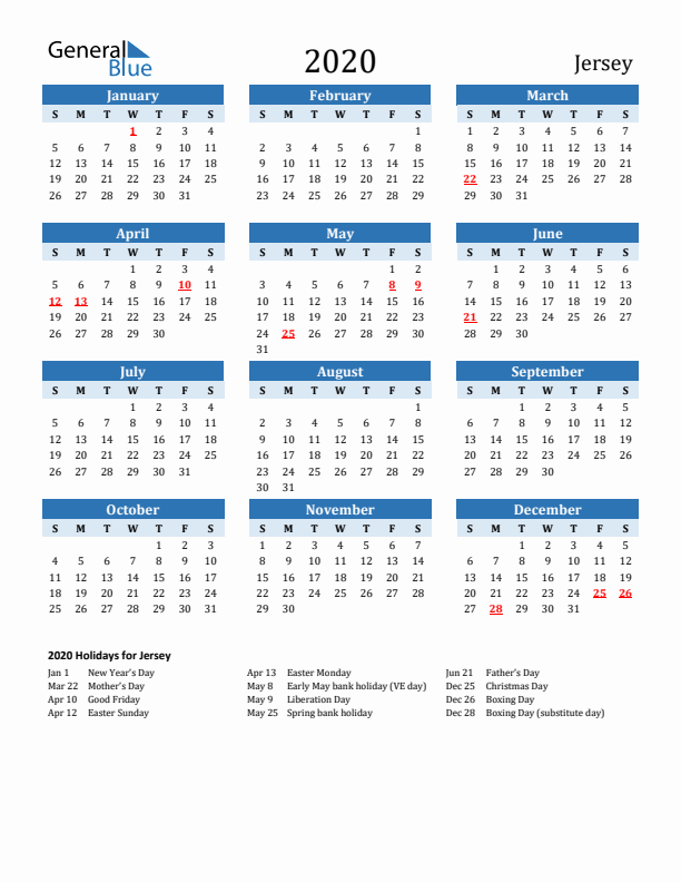 Printable Calendar 2020 with Jersey Holidays (Sunday Start)