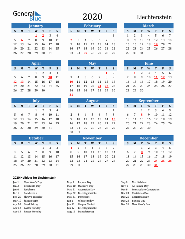 Printable Calendar 2020 with Liechtenstein Holidays (Sunday Start)