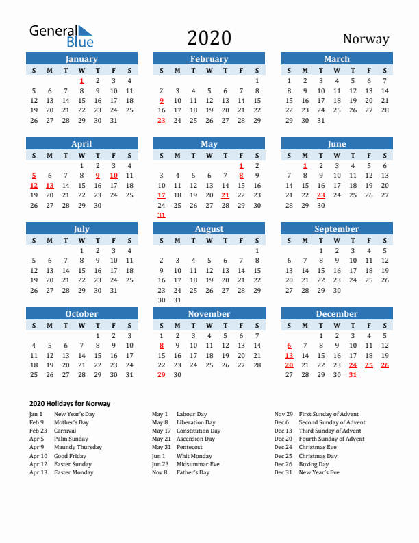 Printable Calendar 2020 with Norway Holidays (Sunday Start)