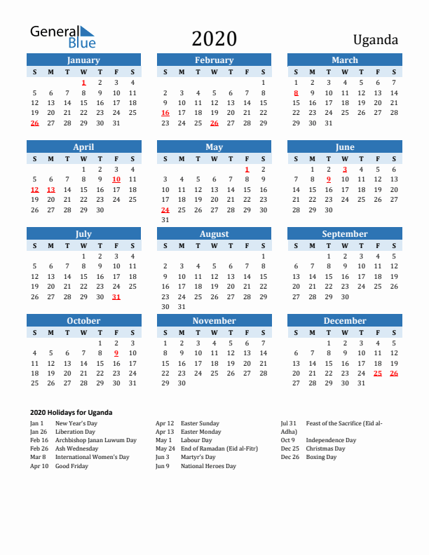 Printable Calendar 2020 with Uganda Holidays (Sunday Start)