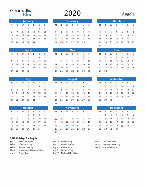 Angola 2020 Calendar with Holidays