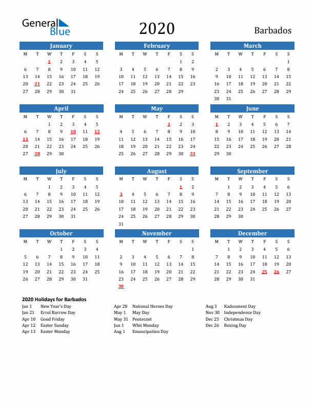 Barbados 2020 Calendar with Holidays