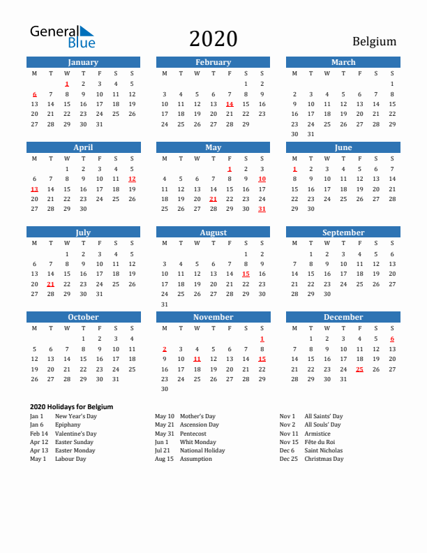 Belgium 2020 Calendar with Holidays