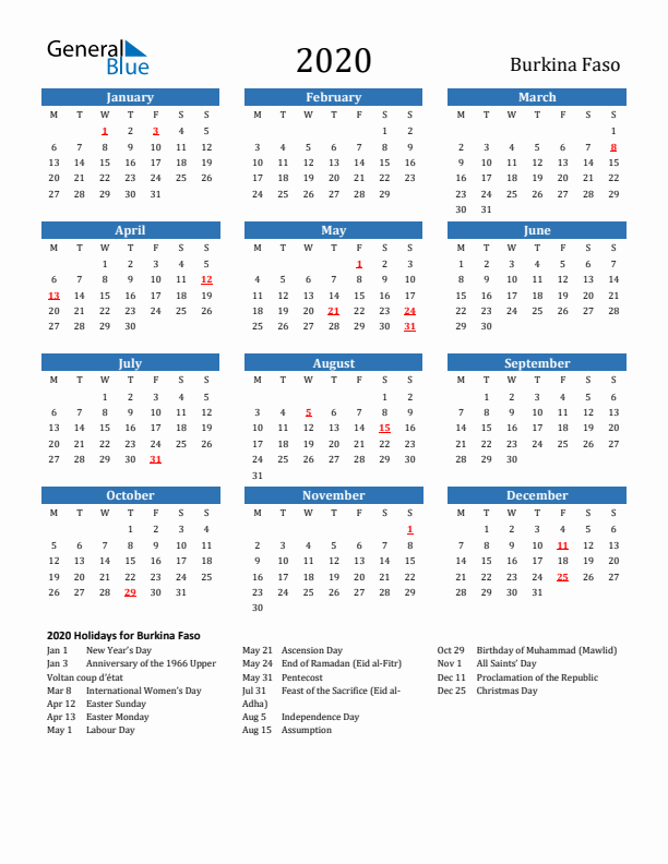 Burkina Faso 2020 Calendar with Holidays