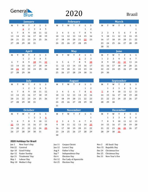 Brazil 2020 Calendar with Holidays