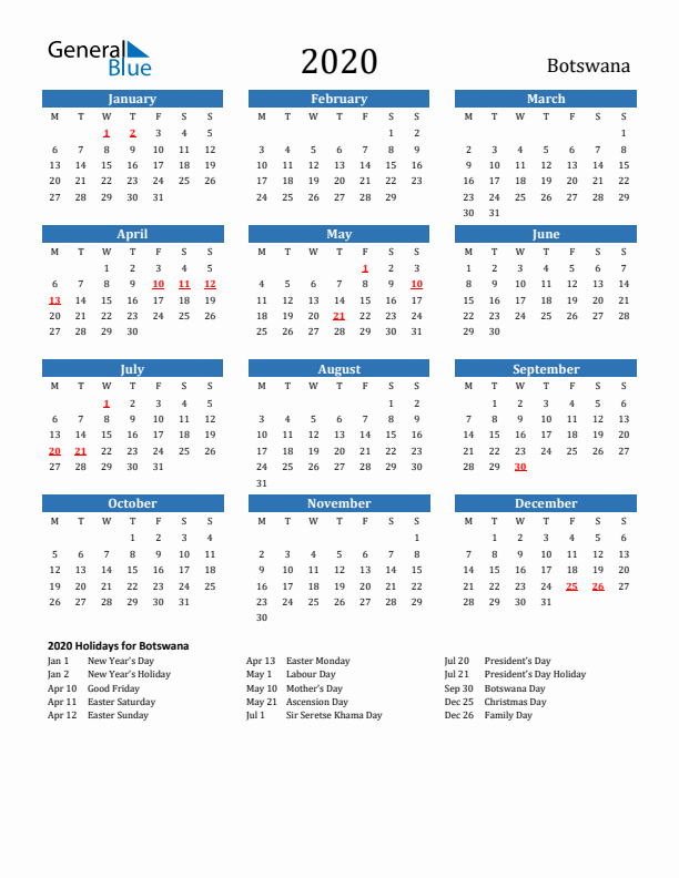 Botswana 2020 Calendar with Holidays