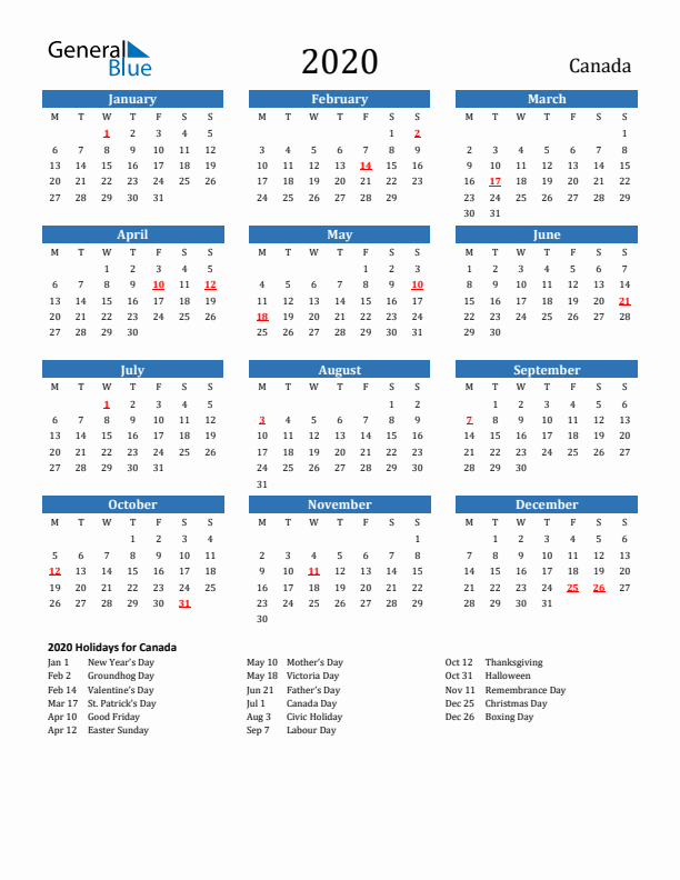 Canada 2020 Calendar with Holidays