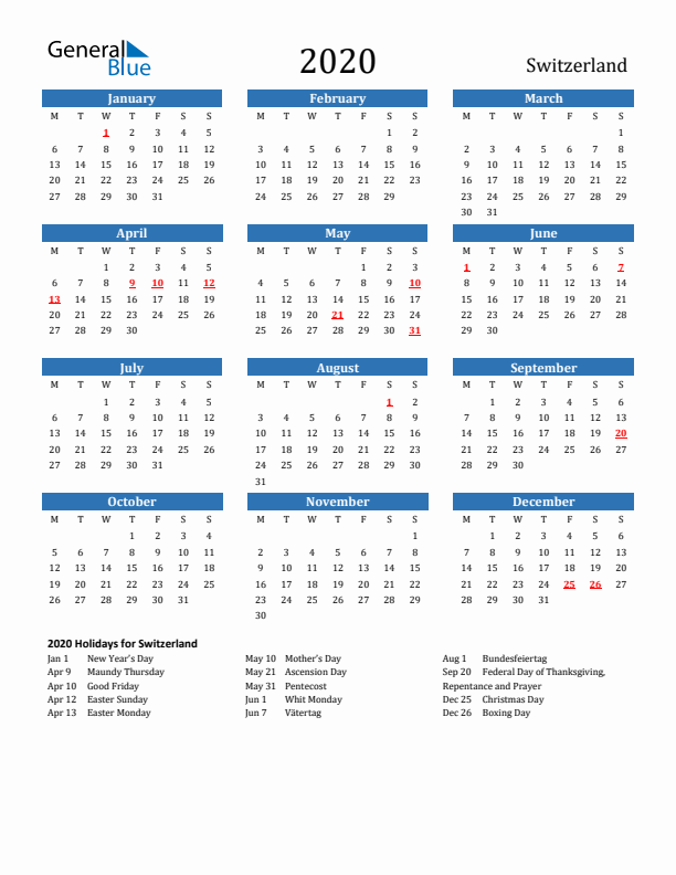 Switzerland 2020 Calendar with Holidays