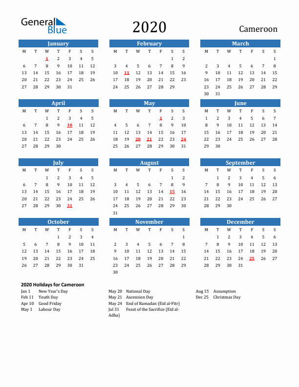 Cameroon 2020 Calendar with Holidays