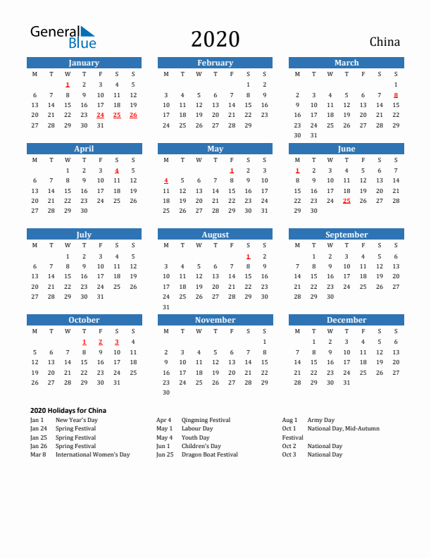 China 2020 Calendar with Holidays