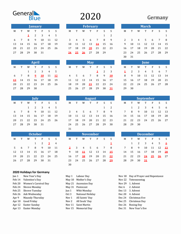 Germany 2020 Calendar with Holidays