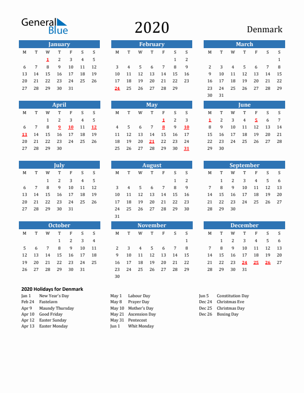 Denmark 2020 Calendar with Holidays