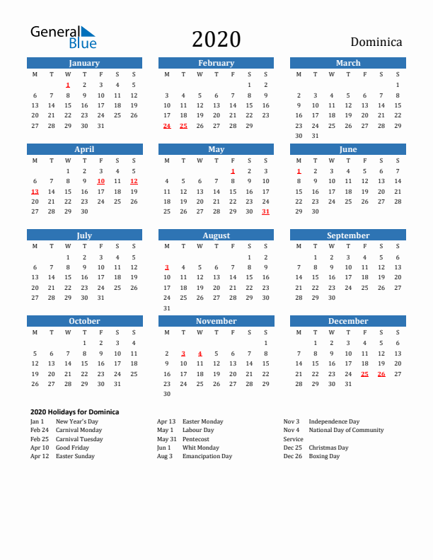 Dominica 2020 Calendar with Holidays