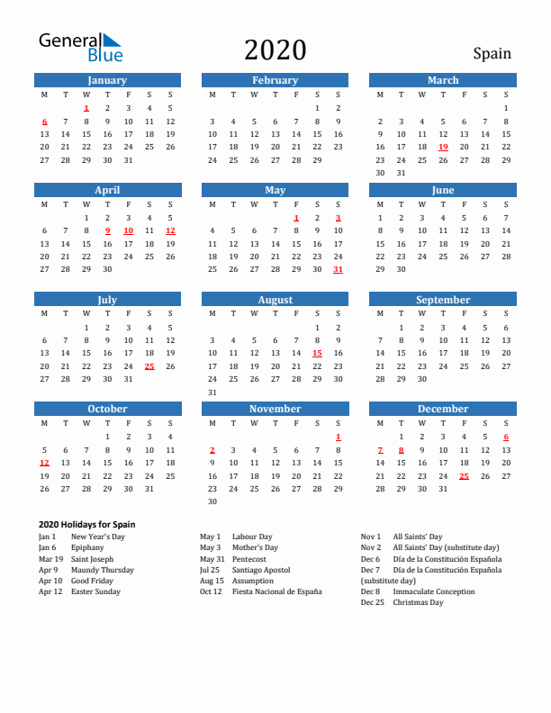 Spain 2020 Calendar with Holidays