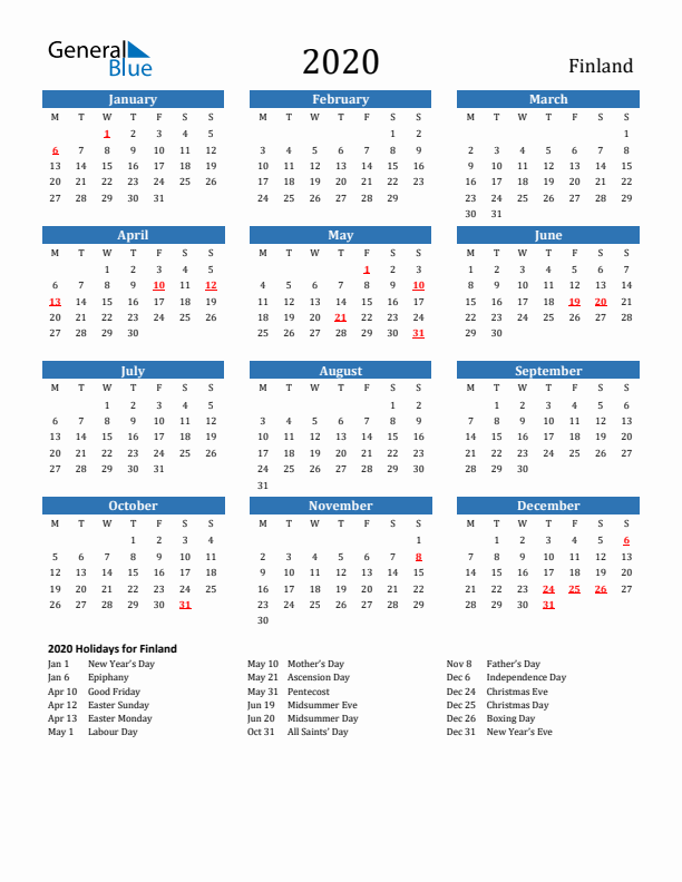 Finland 2020 Calendar with Holidays