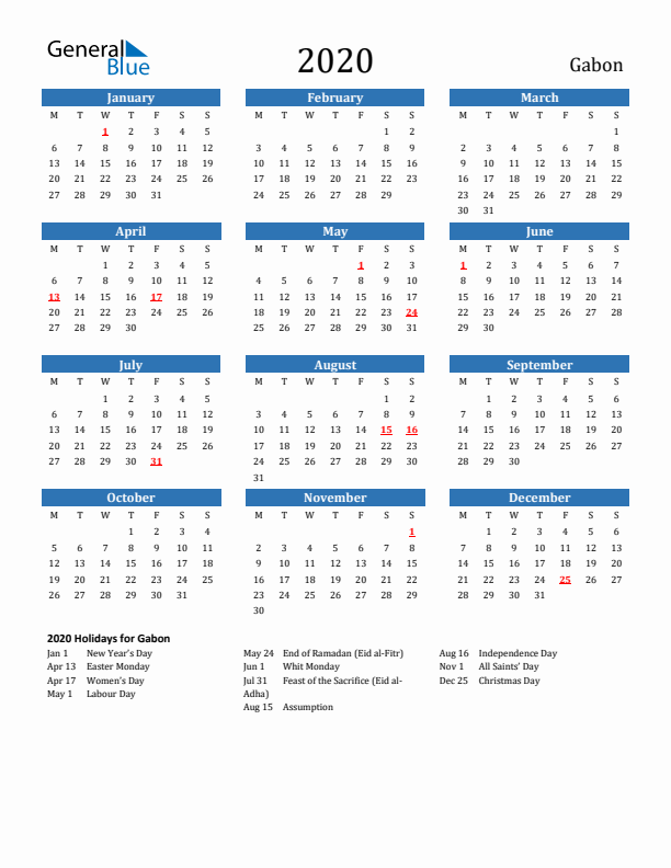 Gabon 2020 Calendar with Holidays